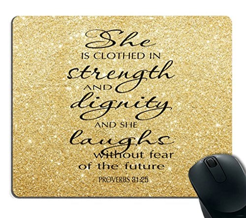 Book Cover Smooffly Proverbs 31:25 Mouse Pad,Bible Verse Gold Sparkles Glitter Pattern Mouse Pad
