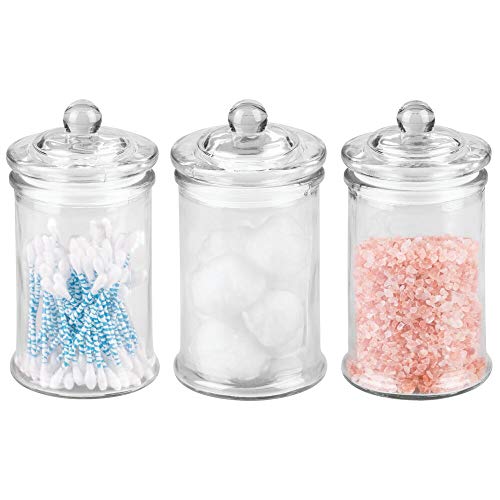 Book Cover mDesign Glass Storage Cotton Swab Containers - Set of 3 Glass Jars With Lids - Perfect Items For Bathroom, Cosmetics Storage - Small Glass Storage Jars - Transparent