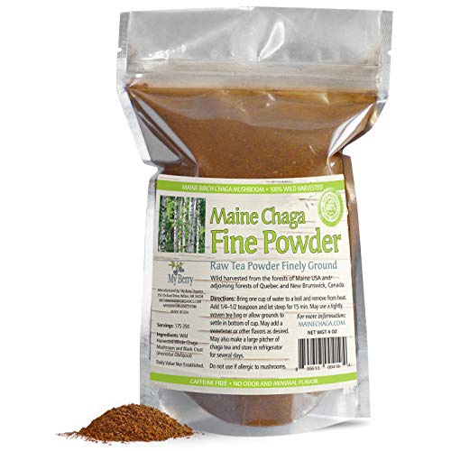 Book Cover Maine Chaga Fine Mushroom Powder, No Pesticides, Wild Harvested, NOT Sourced from Russia, 4oz, NOT an Extract But Whole Raw Chaga, Woman-Owned, Small Business