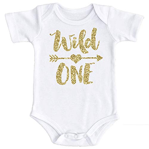 Book Cover Olive Loves Apple Wild One 1st Birthday Bodysuit for Baby Girls First Birthday Outfit Gold on White Bodysuit 18 Months
