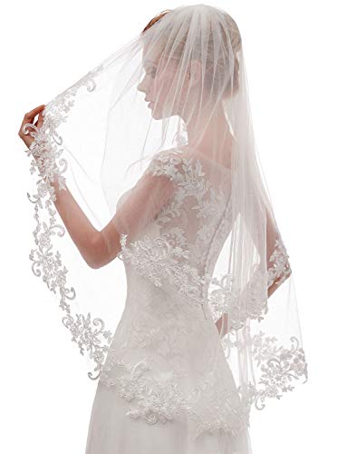 Book Cover EllieHouse Women's Short 2 Tier Lace White Wedding Bridal Veil with Comb L24WT