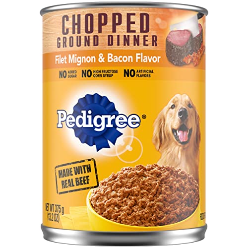 Book Cover PEDIGREE CHOPPED GROUND DINNER Adult Canned Soft Wet Dog Food, Filet Mignon & Bacon Flavor, 13.2 oz. Cans 12 Pack