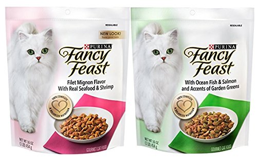 Book Cover Fancy Feast Purina Gourmet Cat Food (2) Flavor Variety Bundle: (1) Filet Mignon with Real Seafood & Shrimp,and (1) Ocean Fish & Salmon and Accents of Garden Greens, 16 Ounces Each