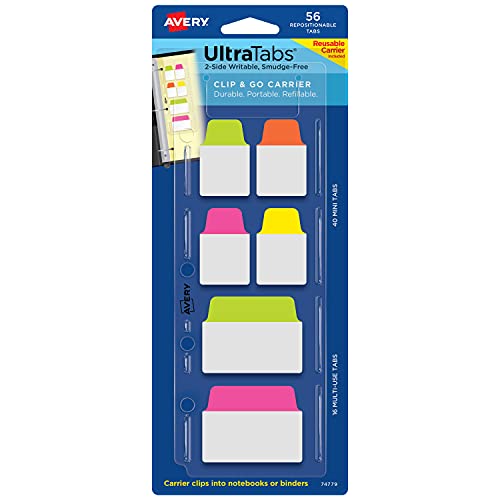 Book Cover Avery Ultra Tabs Refillable Clip & Go Carrier, Assorted Neon Colors, Pack of 56 Repositionable Tabs (74779)