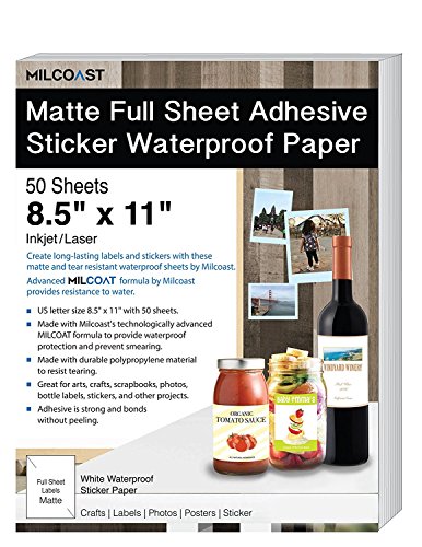 Book Cover Milcoast Matte Full Sheet 8.5 x 11 Adhesive Tear Resistant Waterproof Photo Craft Paper - for Inkjet/Laser Printers - for Stickers, Labels, Scrapbooks, Bottles, Arts, Crafts (50 Sheets)