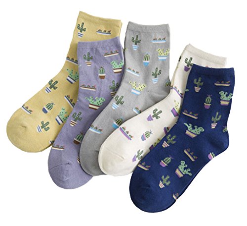 Book Cover Crew Socks,5-pack Women Cacti Parttern Casual Socks Cotton Knitting Winter Fall Crew Socks Mix Color One Size