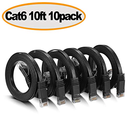 Book Cover Cat 6 Ethernet Cable - Flat Internet Network Cable - Cat6 Ethernet Patch Cable Short - Cat 6 Computer LAN Cable with Snagless RJ45 Connectors (10Ft-10pack-Black)