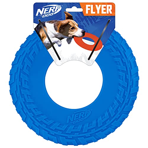 Book Cover Nerf Dog Rubber Tire Flyer Dog Toy, Flying Disc, Lightweight, Durable, Floats in Water, Great for Beach and Pool, 10 Inch Diameter, for Medium/Large Breeds, Single Unit, Blue, Original