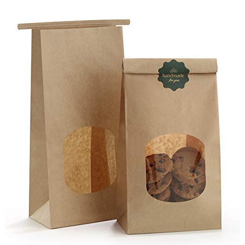 Book Cover BagDream Bakery Bags with Window Kraft Paper Bags 100pcs 4.5x2.36x9.6 Inches Tin Tie Tab Lock Bags Brown Window Bags Cookie Bags, Coffee Bags