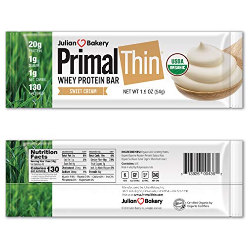Book Cover Primal Thin Protein Bars w/ 20g Organic Protein Grass Fed Whey (130 Cal, 1g Sugar, 1 Net Carb) (Gluten Free) (12 Bars)