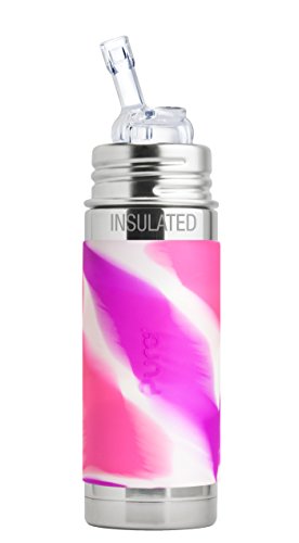 Book Cover Pura Kiki 9oz/260 ml Stainless Steel Insulated Bottle w/Silicone Straw & Sleeve, 100% Plastic-Free, MadeSafe Certified, Medical-Grade Silicone Straw for Kids, Toddlers, Babies & Infant – Pink Swirl