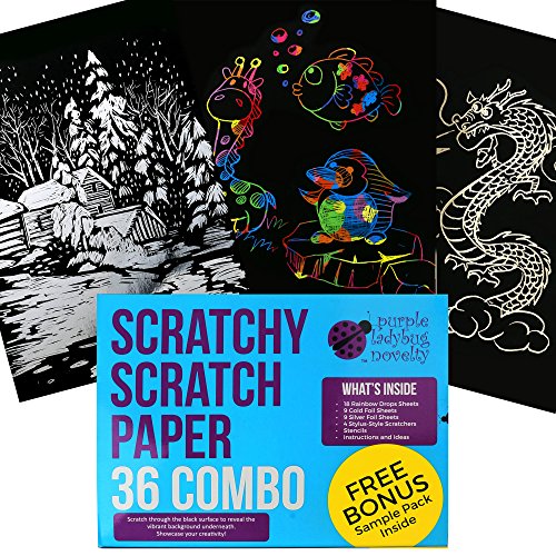 Book Cover Purple Ladybug Novelty Scratch Paper Combo Art Set for Kids: 36 Big Sheets, 18 Sheets Rainbow +9 Gold+9 Holographic Silver! Includes 4 Stylus scratchers & Stencils! Fun Art Supplies for Kids!