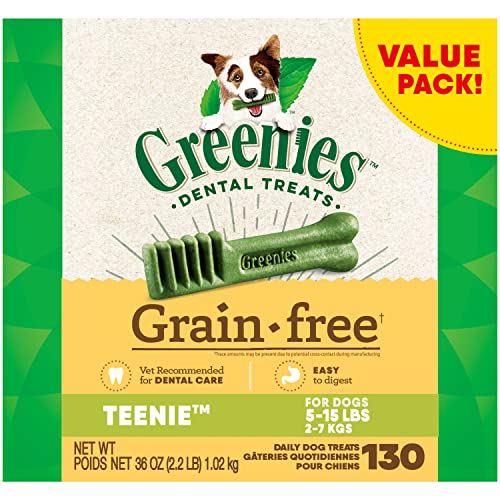 Book Cover GREENIES Grain Free TEENIE Natural Dog Dental Care Chews Oral Health Dog Treats, 36 oz. Pack (130 Treats)