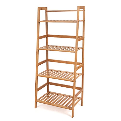 Book Cover HOMFA Bamboo 4 Shelf Bookcase, Multifunctional Ladder-Shaped Plant Flower Stand Rack Book Rack Storage Shelves, Natural Color