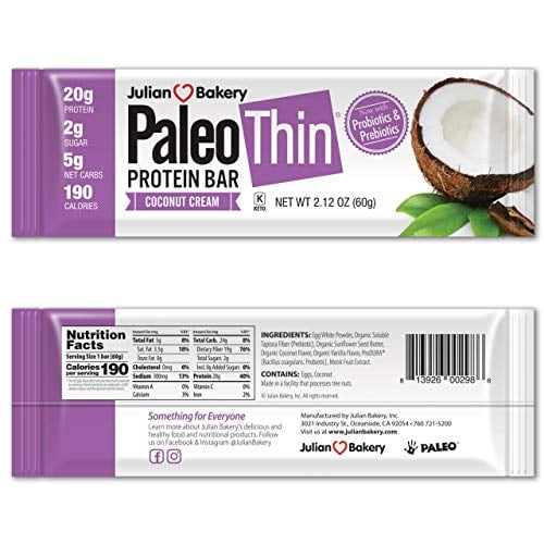 Book Cover Julian Bakery Paleo Thin Protein Bar | Coconut Cream | Egg White Protein | 20g Protein | 5 Net Carbs | 12 Bars