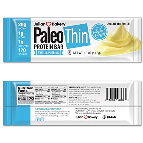 Book Cover Julian Bakery Paleo Thin Protein Bar | Vanilla Pudding | Grass-Fed Beef | 20g Protein | 1 Net Carb | 12 Bars