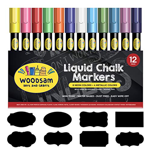 Book Cover Woodsam Liquid Chalk Markers - 8 Neon & 4 Metallic Colors - Free 24 Chalkboard Labels - Chalk Marker Pen for Chalkboard, Glass, Window, Blackboard - Dry Erasable Marker - 6mm Reversible Tip