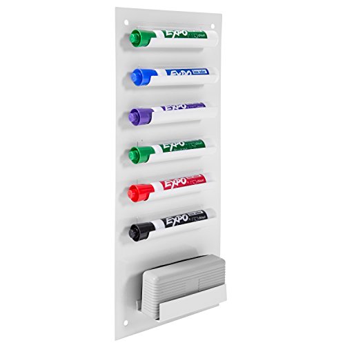 Book Cover 6-Slot Wall Mounted Metal Dry Erase Marker and Eraser Holder/Vertical Storage System, White
