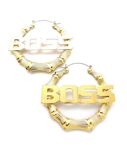 Book Cover Sassy, Sexy, Boss, Mob, Queen Word Statement Bamboo Style 3.0 inches Pincatch Hoop Earring in Gold Tone
