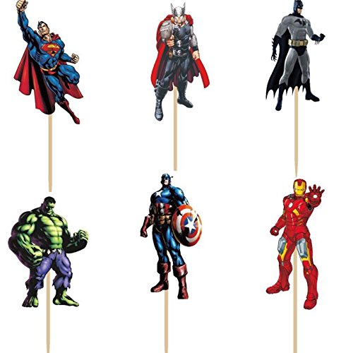 Book Cover Bling Story Pack of 24 The Avengers and Superheros Cupcake Topper Picks Boy Children Party Decoration Kid's Birthday Party Decoration Supplies