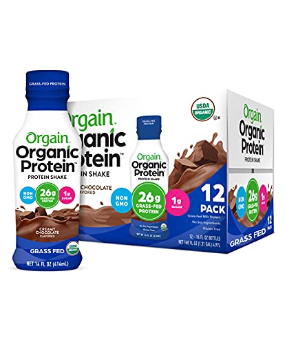 Book Cover Orgain Organic 26g Grass Fed Whey Protein Shake, Creamy Chocolate - Meal Replacement, Ready to Drink, Low Net Carbs, No Sugar Added, Gluten Free, Non-GMO, 14 Ounce, 12 Count (Packaging May Vary)