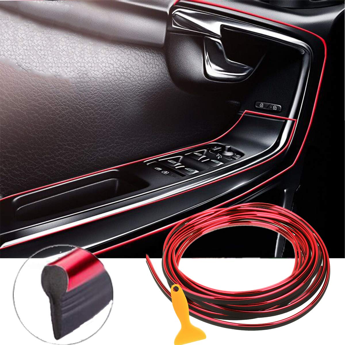Book Cover EJ's SUPER CAR Car Interior Moulding Trim, 16FT(5M) Electroplating Color Film Car Interior Exterior Decoration Moulding Trim Rubber Seal Protector Fit for Most Car(Red) Electroplating Red