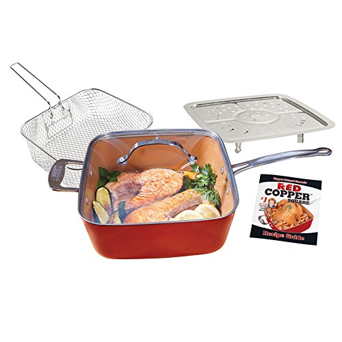 Book Cover BulbHead Red Copper Square Pan 5 Piece Set by BulbHead, 10-Inch Pan, Glass Lid, Fry Basket, & More