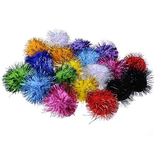 Book Cover BESTTOYHOME 20 Piece Assorted Color Sparkle Balls My Cat's All Time Favorite Toy Tinsel Pom Poms Glitter