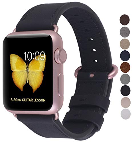 Book Cover JSGJMY Compatible with Iwatch Band 38mm 40mm Women Genuine Leather Loop Replacement Strap Compatible with Iwatch Series 4 3 2 1 Sport Edition(38mm 40mm S/M,Black+Rose Gold Buckle)