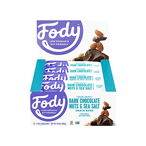 Book Cover Fody Foods Vegan Protein Nut Bars | 8g Protein Snack Bar | Low FODMAP Certified | Gut Friendly IBS Friendly Snacks | Gluten Free Lactose Free Non GMO | Dark Chocolate Nuts and Sea Salt, 12 Count