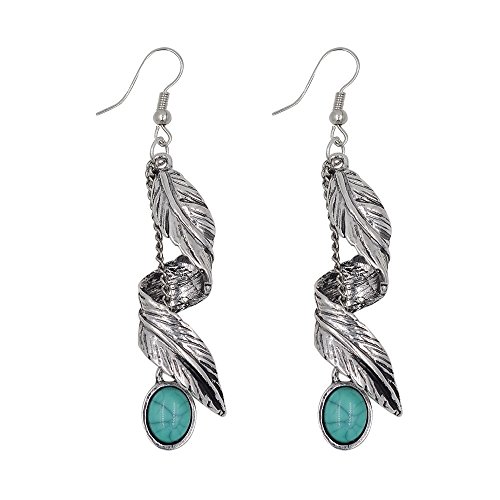 Book Cover Women Girls Bohemia Tribal Antique Silver Leave Dangle Earrings Vintage Feather Turquoise Bead Drop Earrings Nickel Free