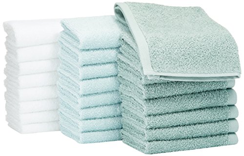 Book Cover AmazonBasics Washcloth Face Towels, Pack of 24, Multi-Color: Seafoam Green, Ice Blue, White