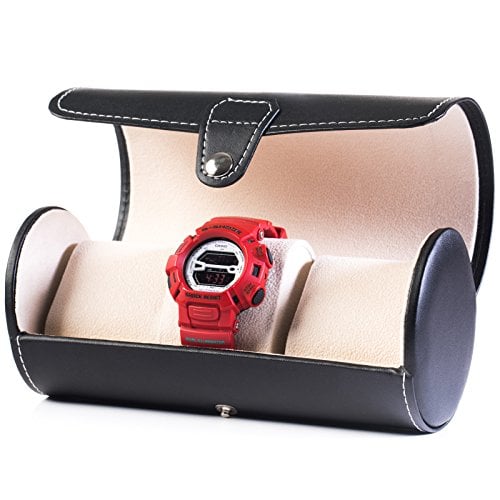 Book Cover Huji Black Leatherette Portable Watch Traveler's Roll Organizer Holder Storage Bracelets Display Showcase Jewelry Case with Cushions (1 Pack, Watch Organizer)