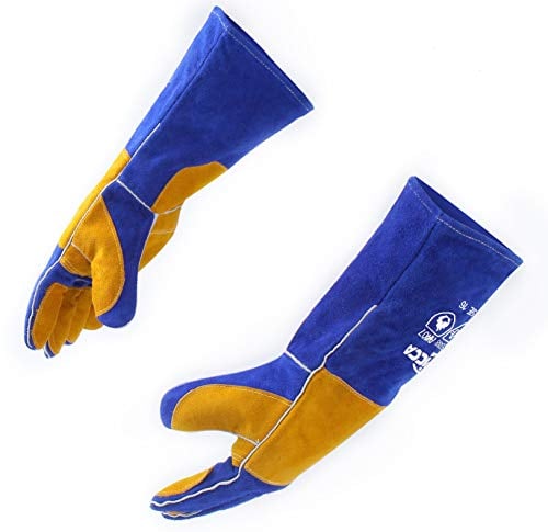 Book Cover RAPICCA Welding Gloves Blue 16 Inches,932℉,Heat Resistant Leather Forge/Mig/Stick Welding Gloves Heat/Fire Resistant, Mitts for Oven/Grill/Fireplace/Furnace/Stove/Pot Holder/BBQ/Animal Handling