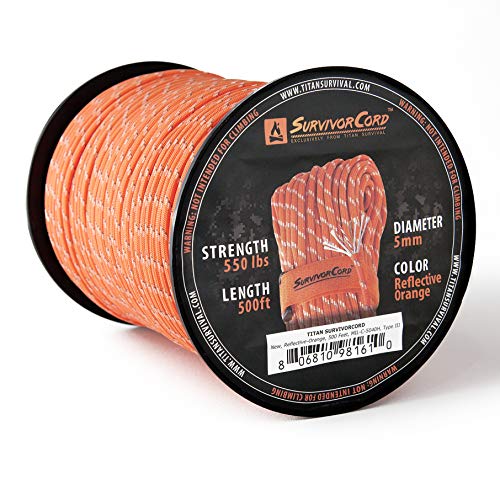 Book Cover 620 LB SurvivorCord - The Original Patented Type III Military 550 Parachute Cord with Integrated Fishing Line, Multi-Purpose Wire, and Waterproof Fire Starter. 100 FEET, Reflective-Orange Paracord