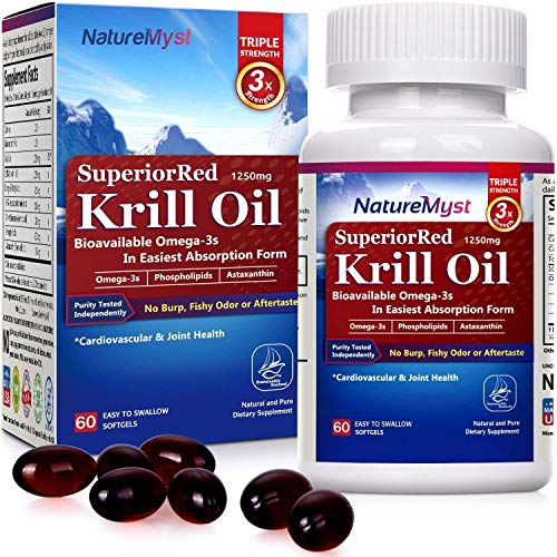 Book Cover NatureMyst Krill Oil, 1250mg, Professional Grade 60 Liquid Softgels (Cut One in Half to See The Clear Difference)