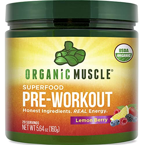 Book Cover Organic Muscle Organic Pre Workout Powder for Men & Women - Vegan & Plant Based Superfood Energy Powder for Endurance, Strength, Stamina, & Focus - Lemon Berry, 160mg Natural Caffeine, 20 Serv