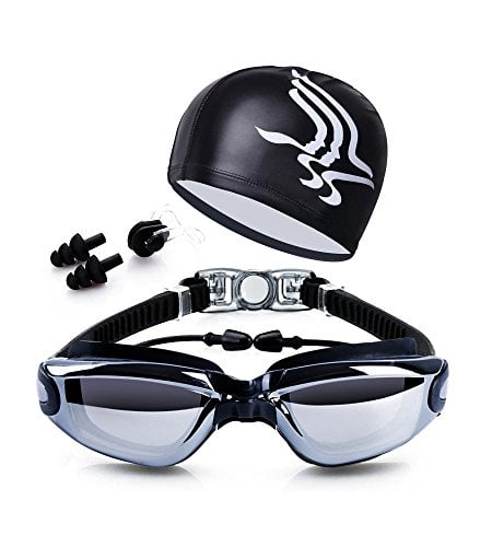 Book Cover Dsoso Swim Goggles + Swim Cap + Case + Nose Clip + Ear Plugs, Clear Swimming Goggles Coated Lens No Leaking Anti Fog UV Protection for Adult Men Women Youth Kids Child,Black