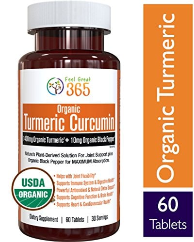 Book Cover USDA Organic Turmeric Curcumin with Black Pepper Capsules by Feel Great 365, Supports Arthritis Pain Relief and Joint Discomfort*, Gluten-Free, Vegan, Halal Certified Organic Supplement
