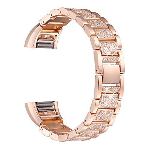 Book Cover bayite Bling Bands Compatible Fitbit Charge 2, Replacement Metal Bands with Rhinestone Bracelet, Rose Gold