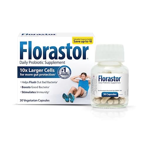 Book Cover Florastor Probiotics for Digestive & Immune Health, 30 Capsules, Probiotics for Women & Men, Dual Action Helps Flush Out Bad Bacteria & boosts The Good with Our Unique Strain Saccharomyces boulardii