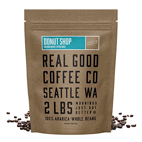 Book Cover Real Good Coffee Company - Whole Bean Coffee - Donut Shop Medium Roast Coffee Beans - 2 Pound Bag - 100% Whole Arabica Beans - Grind at Home, Brew How You Like