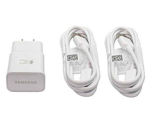 Book Cover Genuine OEM Samsung Adaptive Fast Charging White Charger EPTA20JWE EP-TA20JWE with TWO (2) USB Cable ECB-DU4EWE ECBDU4EWE for Galaxy Note4, Note Edge and S6 in Non-Retail Pack