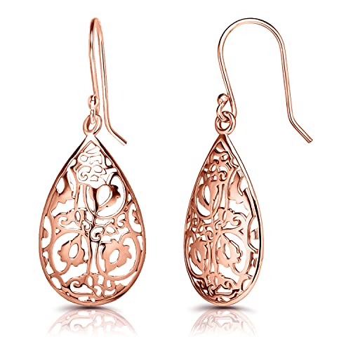 Book Cover Hoops & Loops 925 Sterling Silver Teardrop Filigree Dangle Hook Earrings for Women and Teen Girls, Silver, Yellow and Rose Gold Flashed Sterling Silver