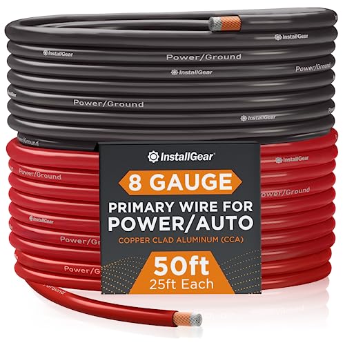 Book Cover InstallGear 8 Gauge Wire (50ft) Copper Clad Aluminum CAA - Primary Automotive Wire, Car Amplifier Power & Ground Cable, Battery Cable, Car Audio Speaker Stereo, RV Trailer Wiring Welding Cable 8ga