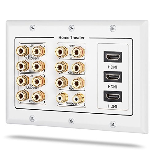 Book Cover 3 Gang Wall Plate, Fosmon (3-Gang 7.2 Surround Sound Distribution) Home Theater Copper Banana Binding Post Coupler Type Wall Plated for 7 Speakers, 2 RCA Jacks for Subwoofers & 3 HDMI Ports