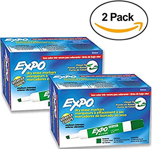 Book Cover Expo 80004 Low Odor Dry Erase Markers, Chisel Tip, Green Color, 2 Sets with 12 Markers, Total of 24 Markers