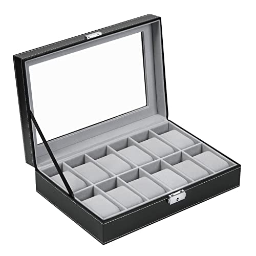 Book Cover Watch Box 12 Slot Watch Display Case Organizer with Glass Top, Black Watch Storage Box for Men and Women with PU Leather, Grey Linging