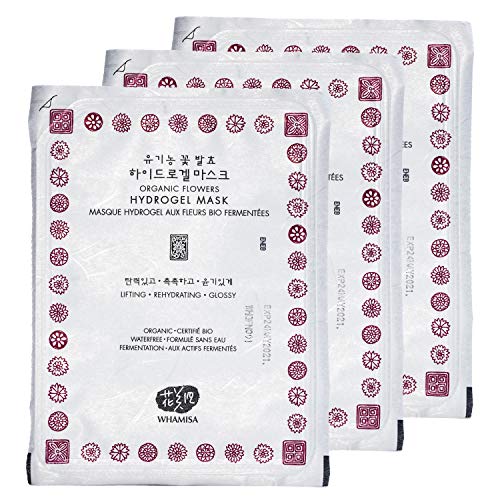Book Cover Whamisa Organic Hydrogel Facial Mask Sheets Treatment Skin Care with Organic Flower Aloe Vera Extracts - Pack of 3 Sheets - 33g x 3