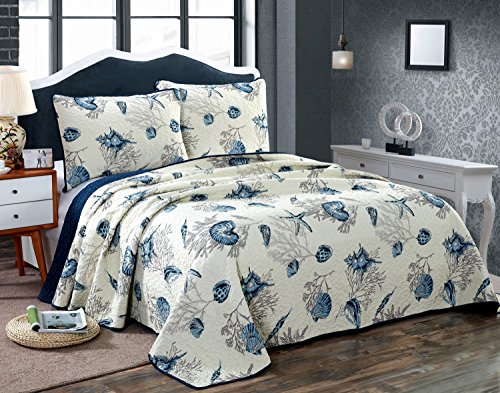 Book Cover Blue Shell Tread Design 2 Piece Comforter Quilt Bedspeads Sets Cotton White&Blue (King)
